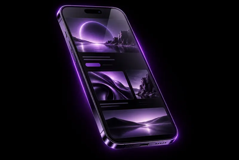 Celular com um site e botão de contato em roxo