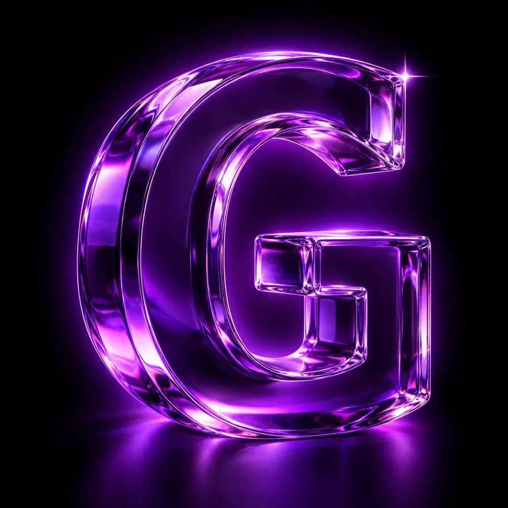 Letra G de vidro roxo com reflexos luminosos