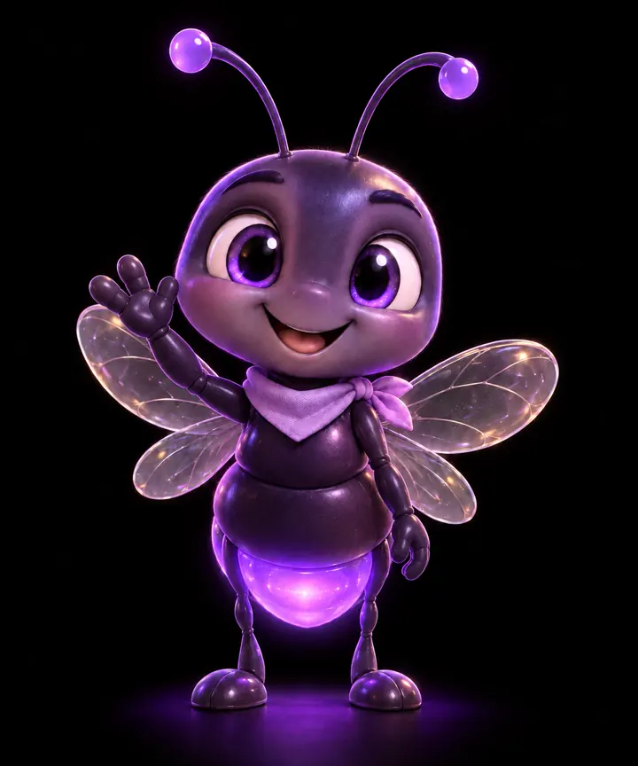 Lumi, o vaga-lume roxo da Glow Sites, acenando